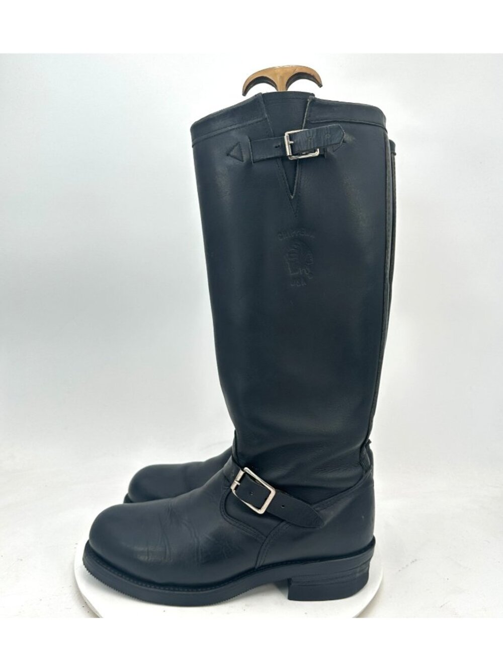 Chippewa Men Size 8.5 D Black Engineer Leather Buckle Pull On Motorcycle Boot
